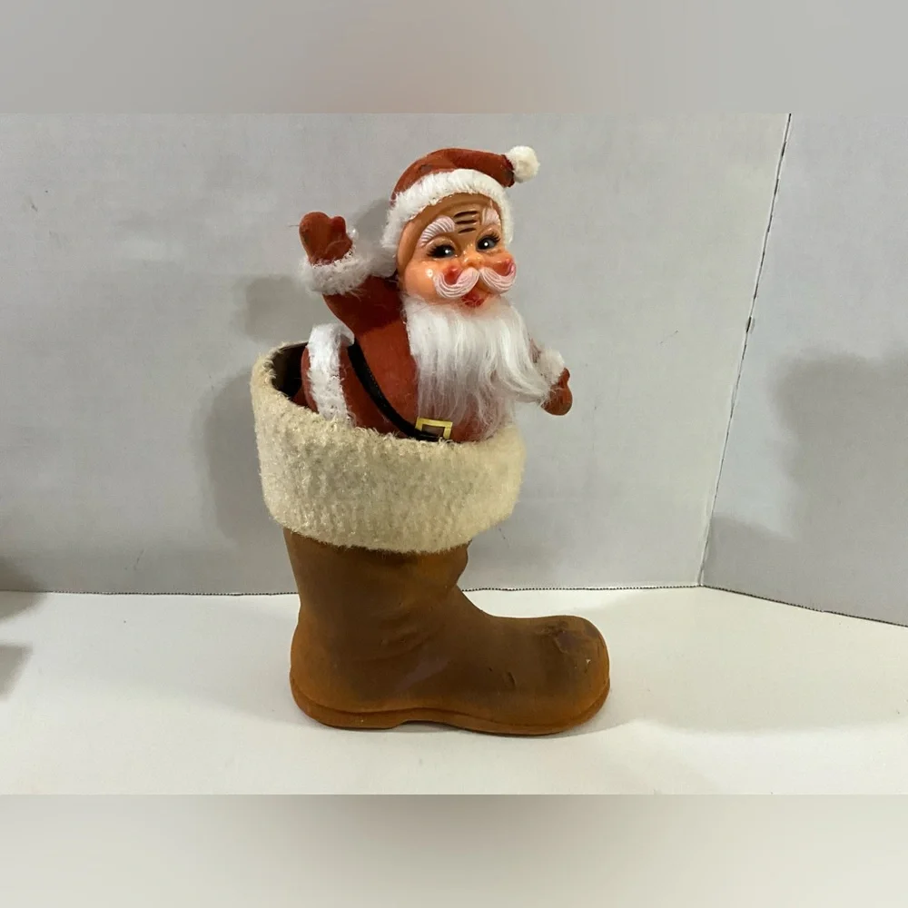 Vintage Christmas Flocked Santa in a Flocked Brown Boot MCM